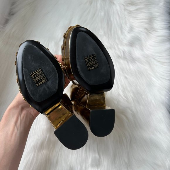 Tom Ford Women's Gold Metallic Ankle-Wrap Plataform Sandal Size 38.5 - Picture 11 of 11